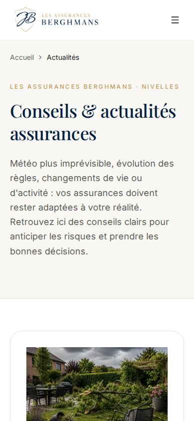 Espace Actualités du site Les Assurances Berghmans en versions desktop et mobile — vue mobile