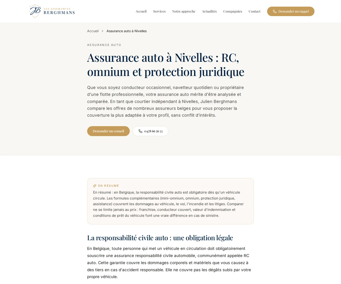Page Assurance auto à Nivelles du site Les Assurances Berghmans en versions desktop et mobile