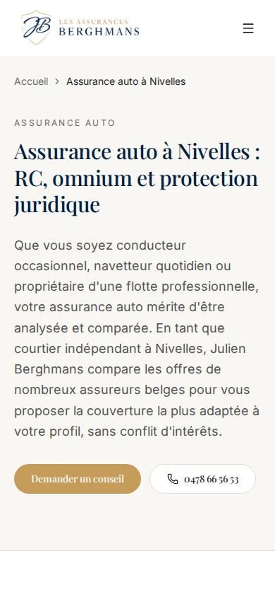 Page Assurance auto à Nivelles du site Les Assurances Berghmans en versions desktop et mobile — vue mobile