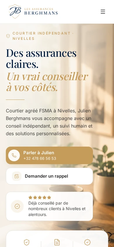 Pages d'accueil desktop et mobile du site Les Assurances Berghmans — vue mobile